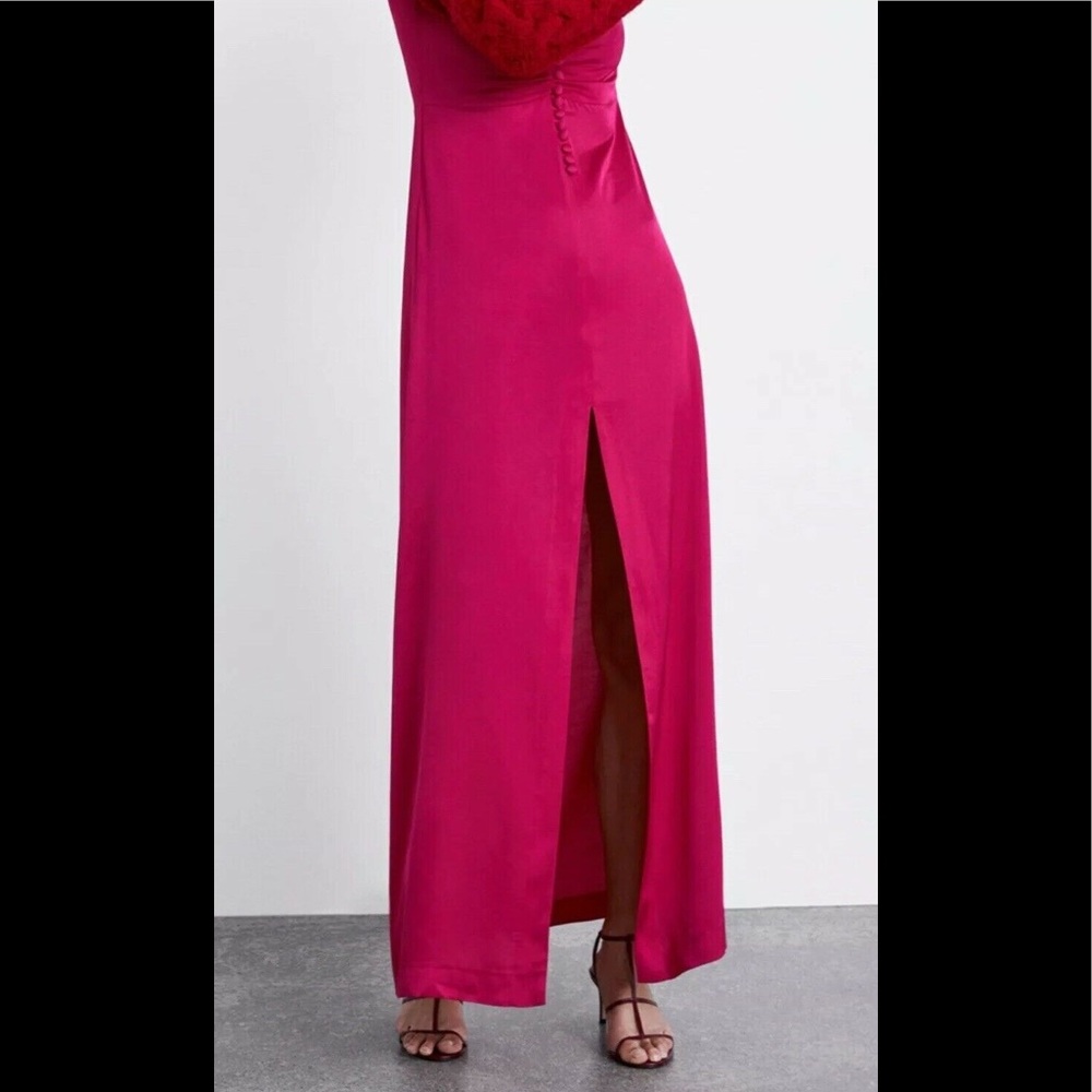🤍 ZARA Long Maxi Slit Pink Satin Effect Maxi Gown Dress - Picture 8 of 8